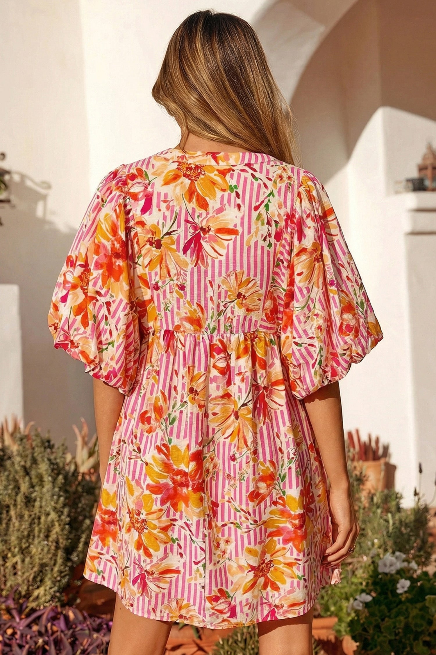 Pink Striped Floral Print Tie Neck Puff Sleeve Loose Mini Dress-TOPS / DRESSES-[Adult]-[Female]-2022 Online Blue Zone Planet