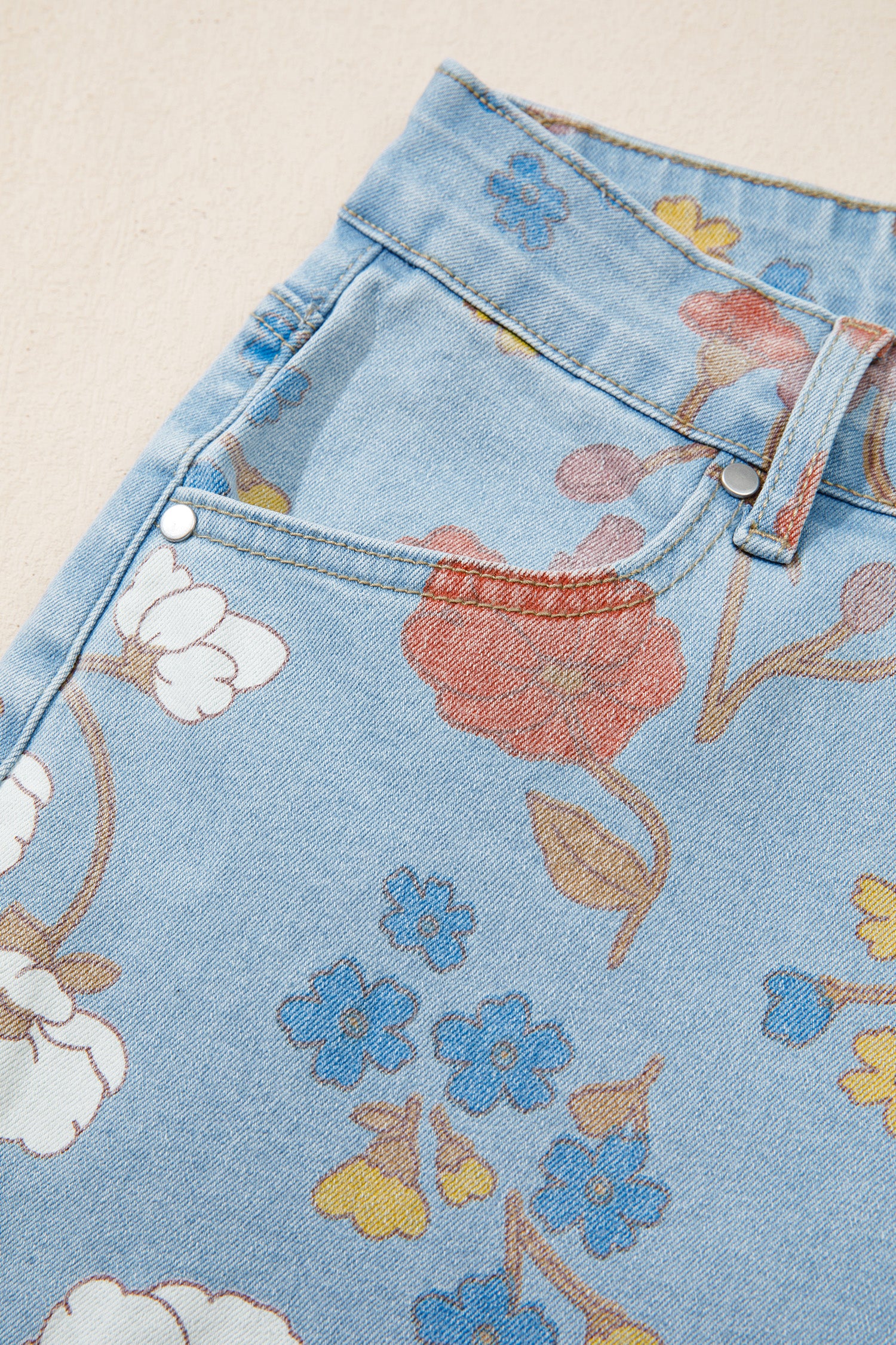 Sky Blue Floral Printed Raw Hem Shift Jeans-Bottoms/Jeans-[Adult]-[Female]-2022 Online Blue Zone Planet