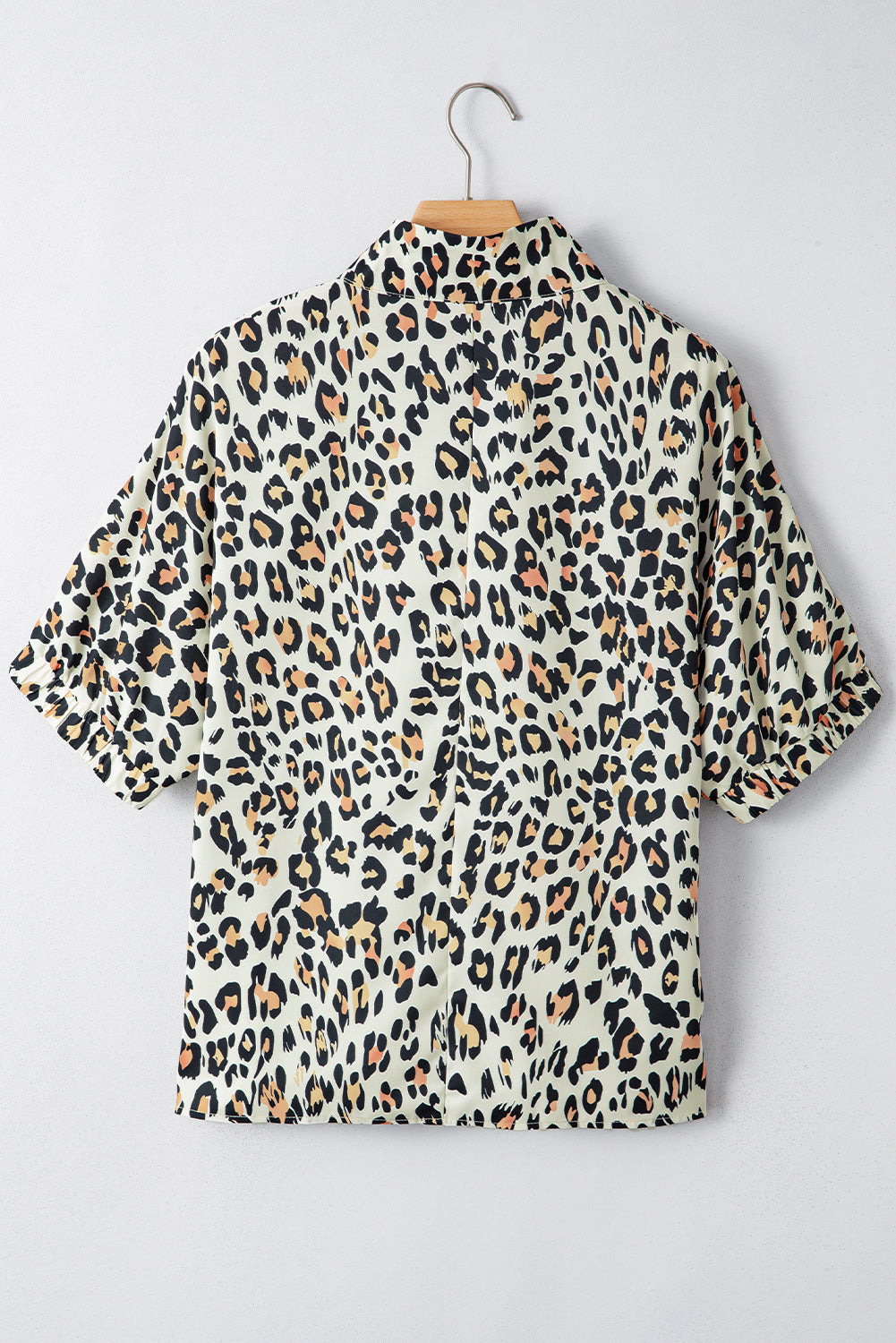 Khaki Leopard Color Block Contrast Striped V Neck Half Sleeve Loose Fit Blouse-Tops/Blouses & Shirts-[Adult]-[Female]-2022 Online Blue Zone Planet