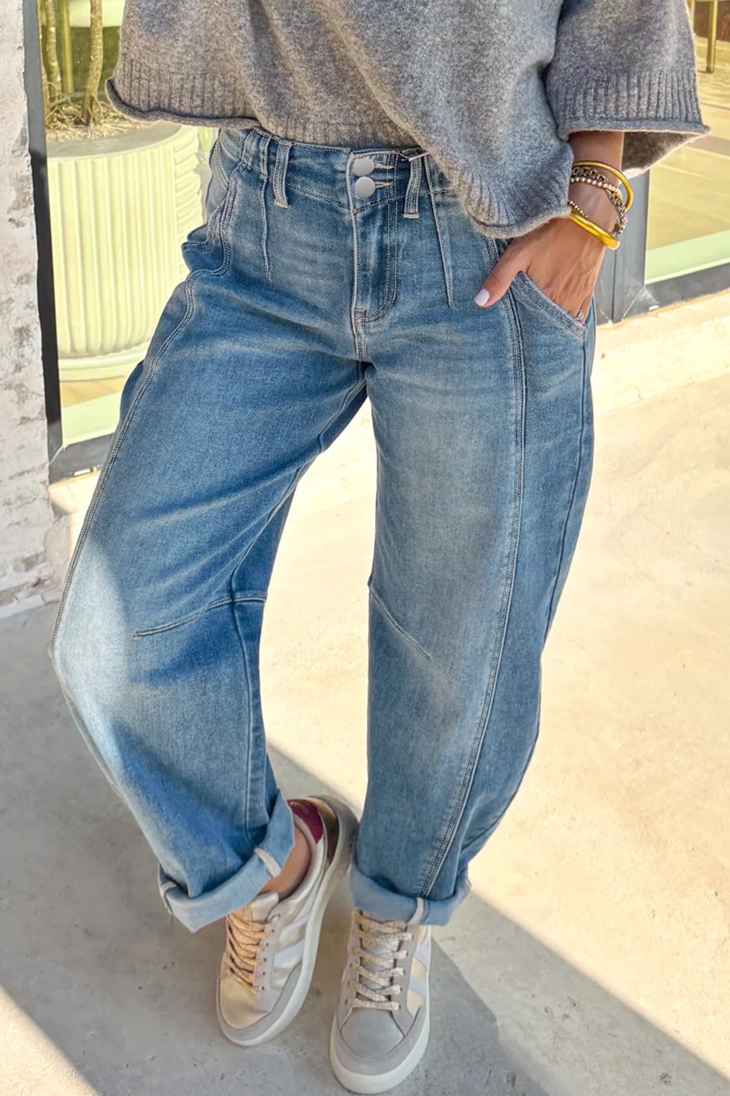 Sky Blue Medium Wash Cuffed Barrel Jeans-Bottoms/Jeans-[Adult]-[Female]-2022 Online Blue Zone Planet