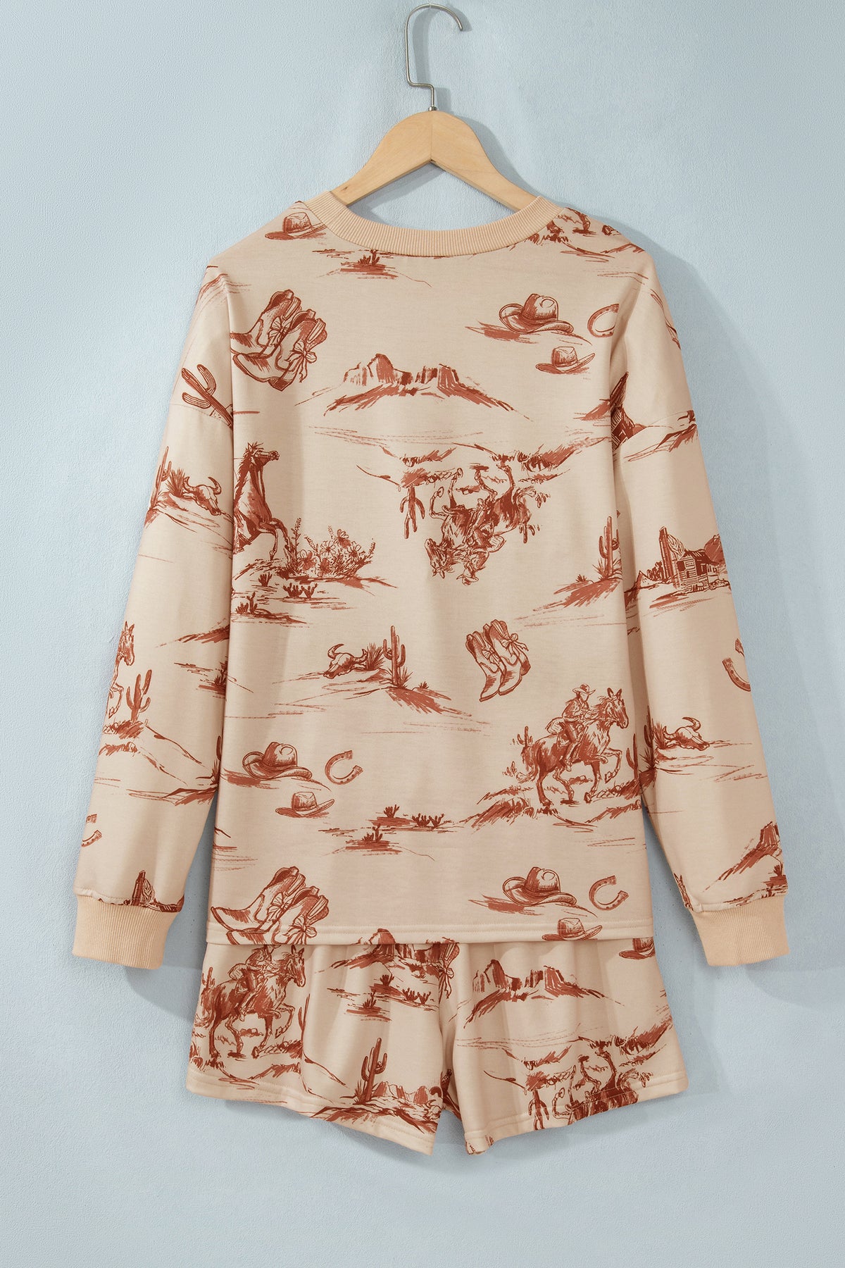Beige Western Print Loose Fit Long Sleeve Top Short Set-Two Piece Sets/Short Sets-[Adult]-[Female]-2022 Online Blue Zone Planet