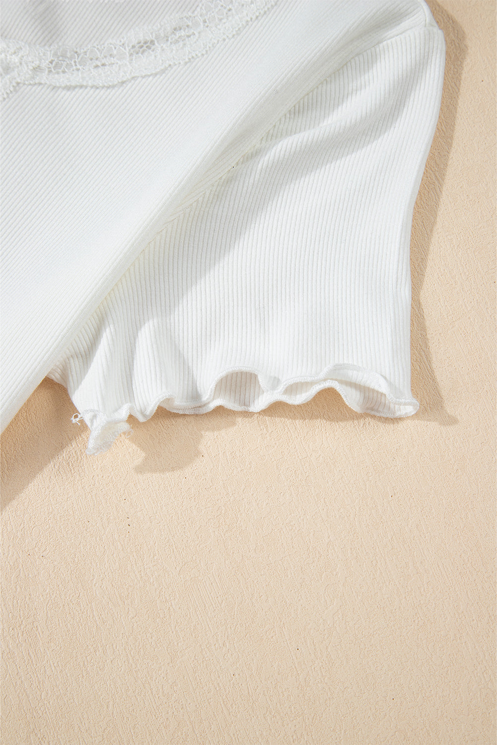 White Lace V Neckline Ribbed Slim Fit T Shirt-Tops/Tops & Tees-[Adult]-[Female]-2022 Online Blue Zone Planet