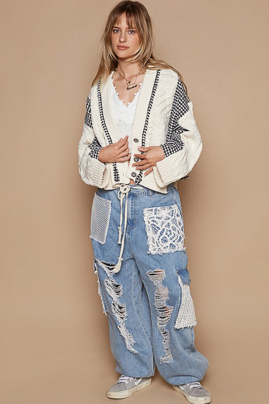 POL Cable-Knit Plaid V-Neck Button Up Cardigan-TOPS / DRESSES-[Adult]-[Female]-2022 Online Blue Zone Planet