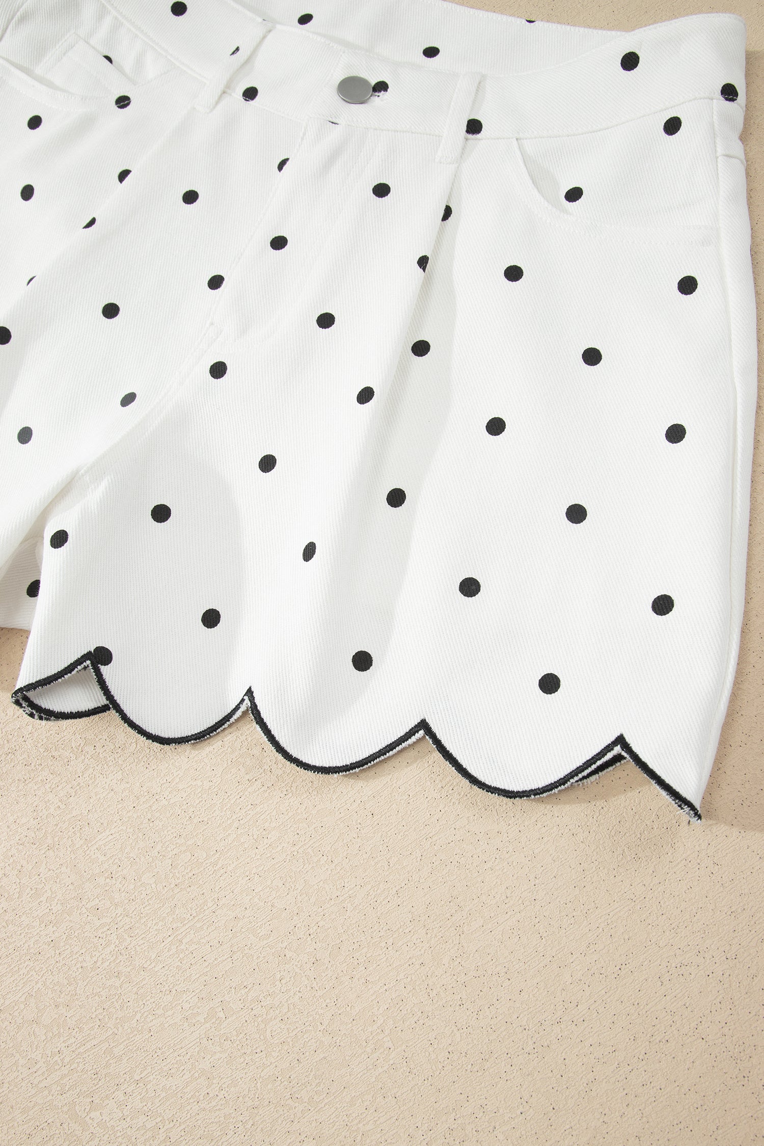 White Polka Dot Print Embroidered Scallop Hem Shorts-Bottoms/Casual Shorts-[Adult]-[Female]-2022 Online Blue Zone Planet