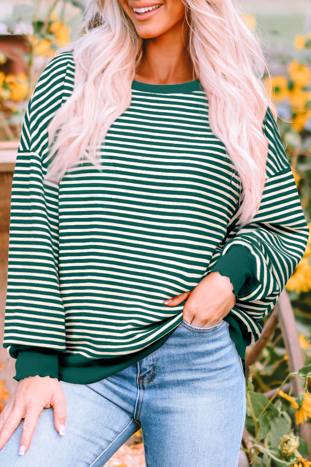 Blue Zone Planet | Brown Stripe Loose Drop Shoulder Long Sleeve Top-Tops/Long Sleeve Tops-[Adult]-[Female]-Green Stripe-S-2022 Online Blue Zone Planet