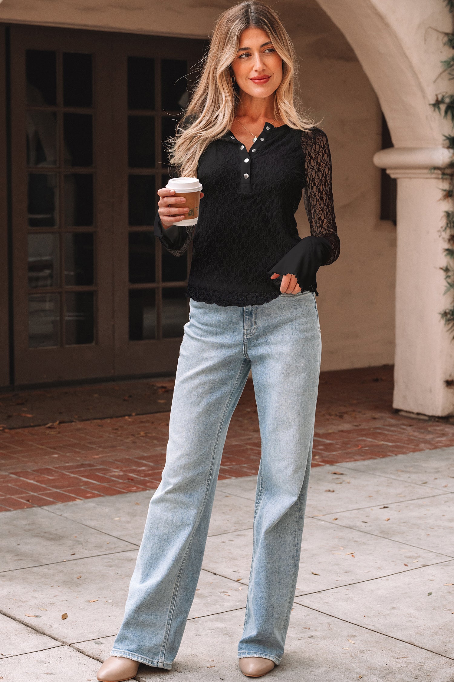 Black Sheer Lace Long Sleeve Slim Henley Top-Tops/Long Sleeve Tops-[Adult]-[Female]-2022 Online Blue Zone Planet