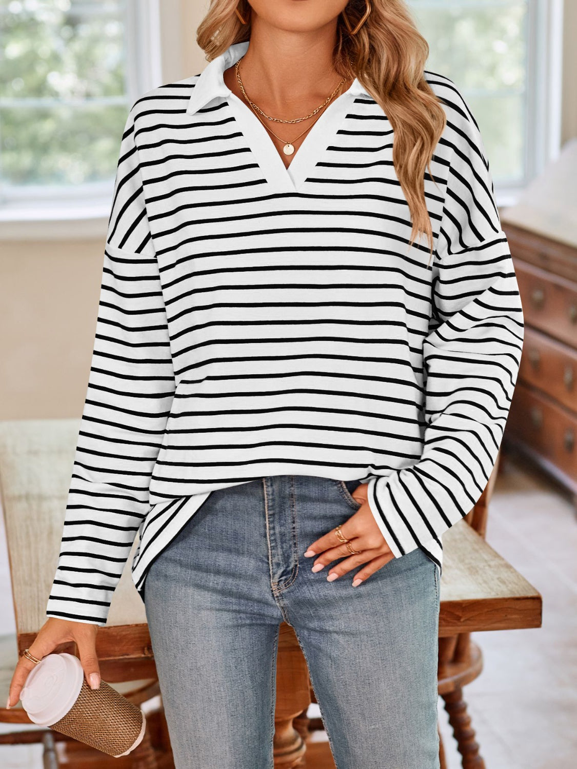 Blue Zone Planet | Lovelet Striped Johnny Collar Long Sleeve T-Shirt-TOPS / DRESSES-[Adult]-[Female]-2022 Online Blue Zone Planet