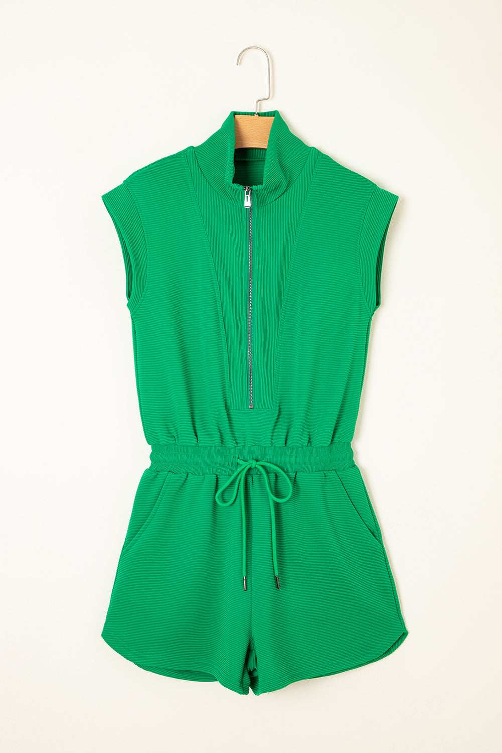 Bright Green Textured Short Sleeve Half Zip Drawstring Waist Romper-Bottoms/Jumpsuits & Rompers-[Adult]-[Female]-2022 Online Blue Zone Planet
