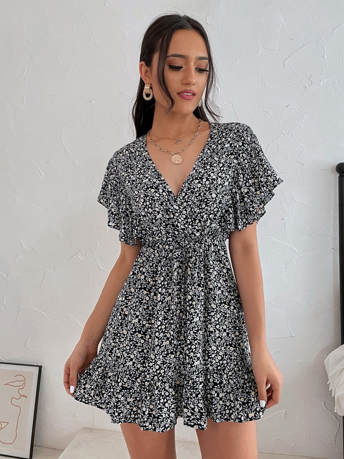 Cutout Ditsy Floral Surplice Flounce Sleeve Dress-TOPS / DRESSES-[Adult]-[Female]-2022 Online Blue Zone Planet