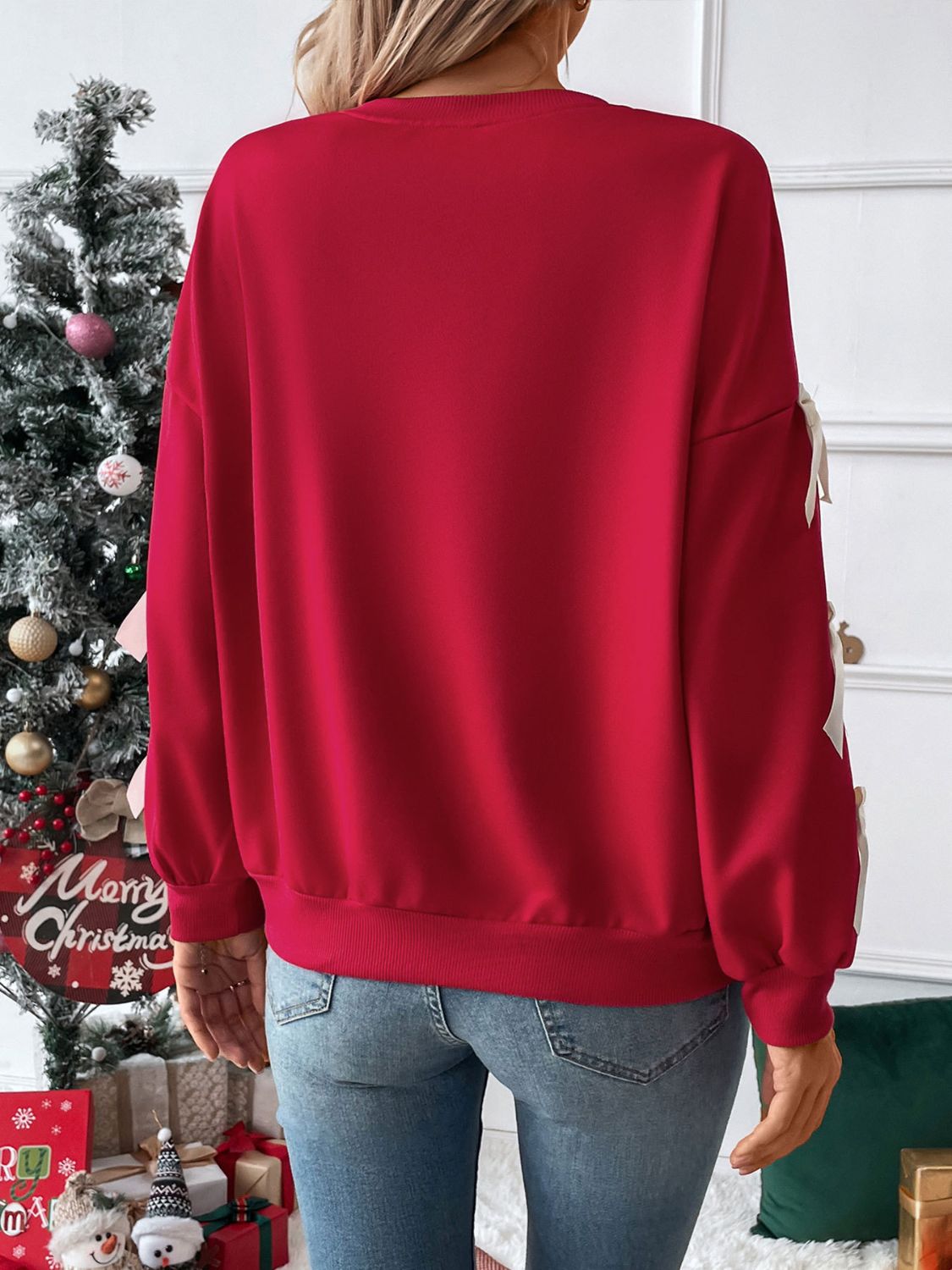 Perfee Bow Round Neck Long Sleeve Sweatshirt-TOPS / DRESSES-[Adult]-[Female]-2022 Online Blue Zone Planet