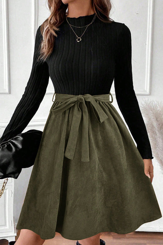 Black Ribbed Knit Slim Bodice Contrast Flared Skirt Patchwork Belted Dress-TOPS / DRESSES-[Adult]-[Female]-Black-S-2022 Online Blue Zone Planet
