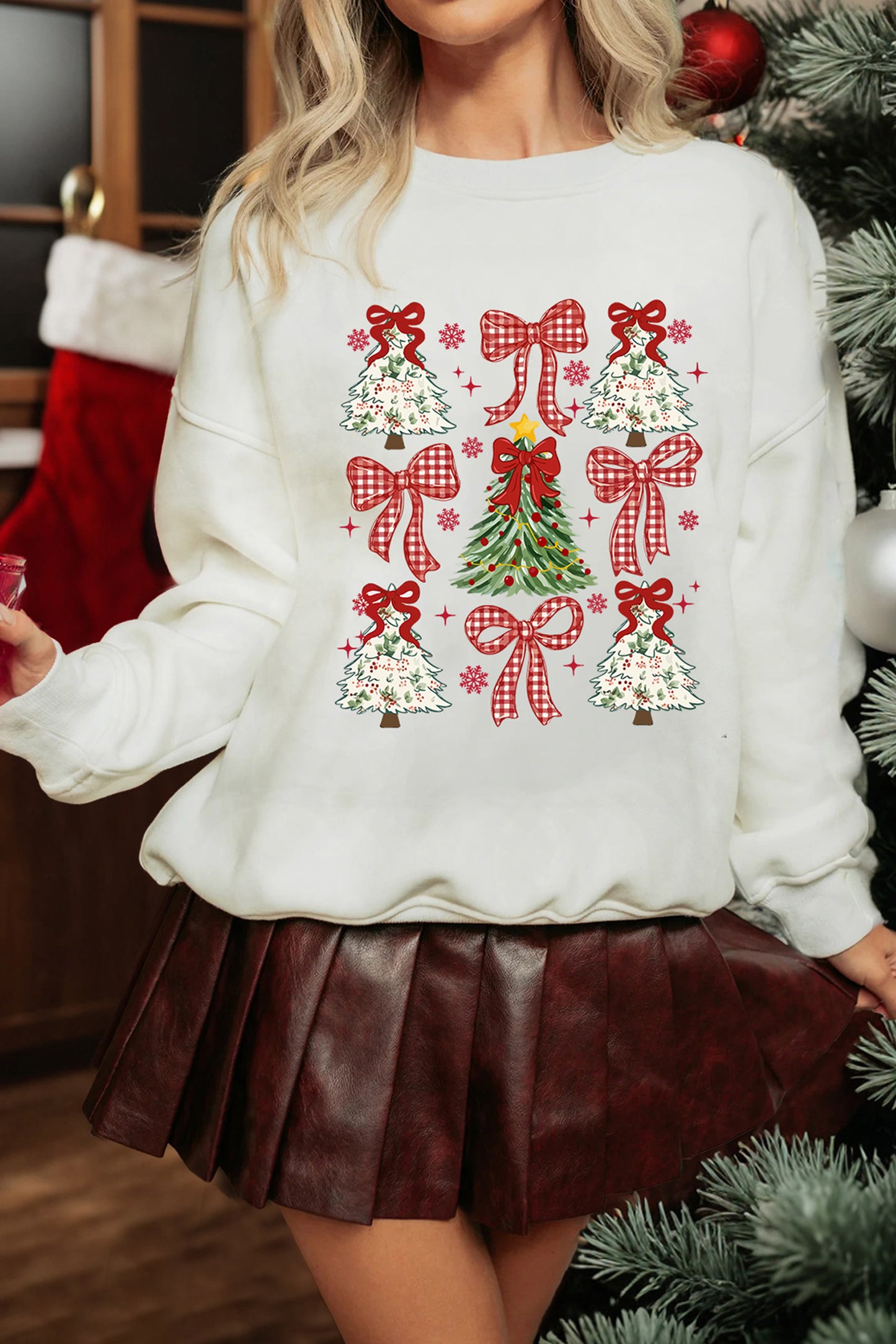 White Christmas Tree Ribbon Bow Printed Drop Shoulder Sweatshirt-Graphic/Graphic Sweatshirts-[Adult]-[Female]-White-S-2022 Online Blue Zone Planet