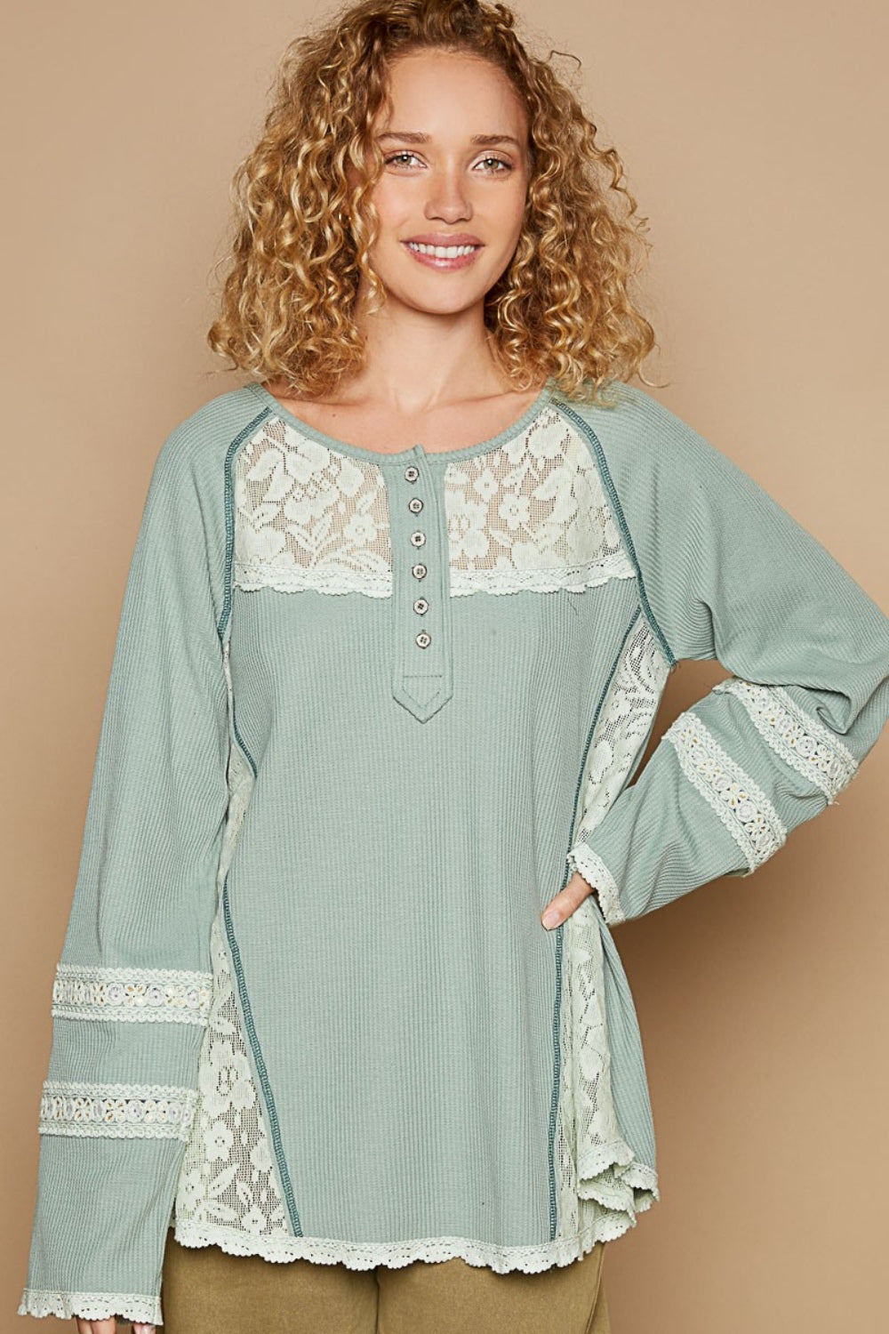 POL Round Neck Long Sleeve Lace Trim Thermal Top-TOPS / DRESSES-[Adult]-[Female]-2022 Online Blue Zone Planet