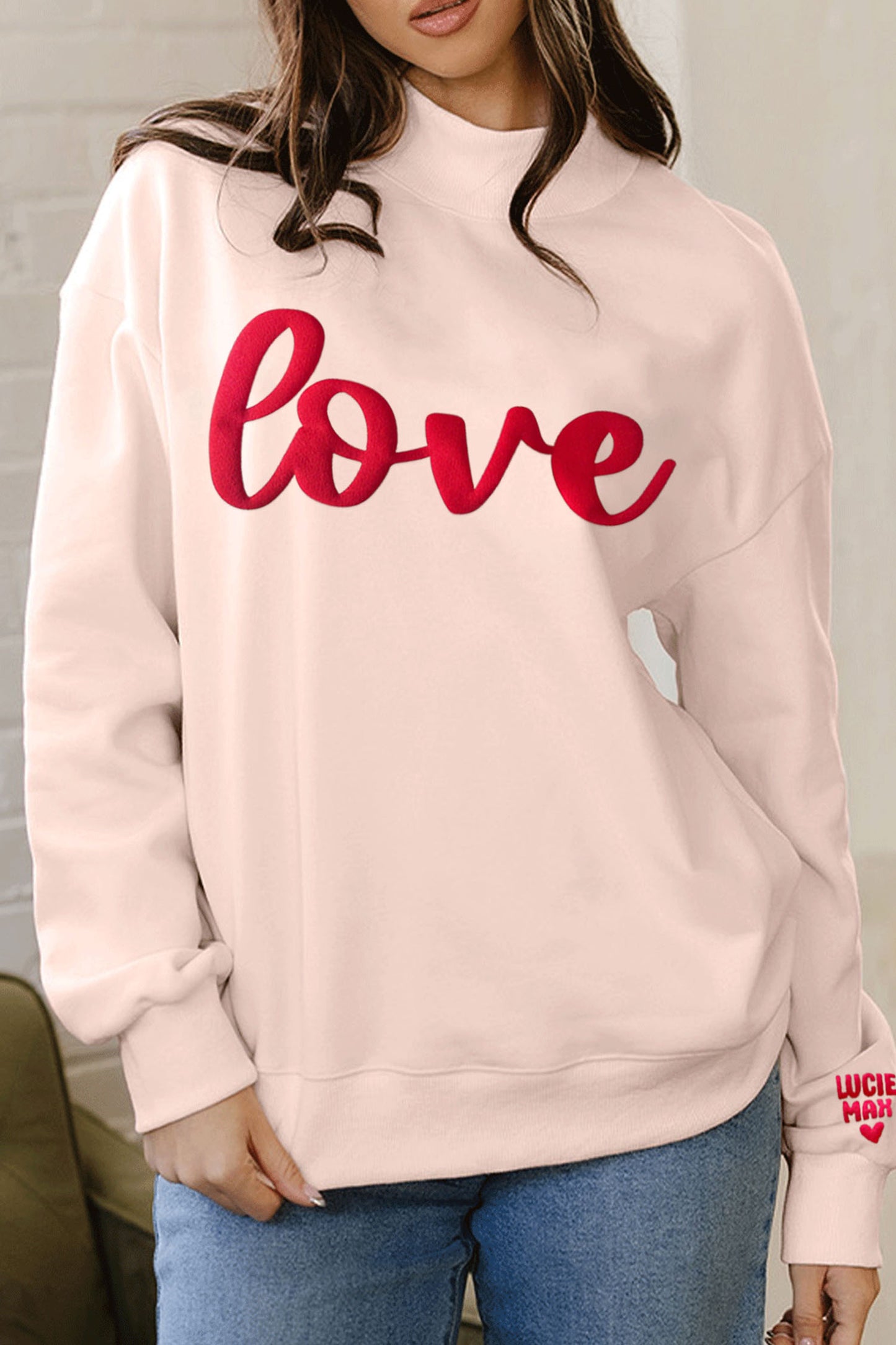 Apricot Pink Valentines Day Love LUCIE MAX Puffy Letter Print Mock Neck Sweatshirt-Graphic Sweatshirts-[Adult]-[Female]-2022 Online Blue Zone Planet