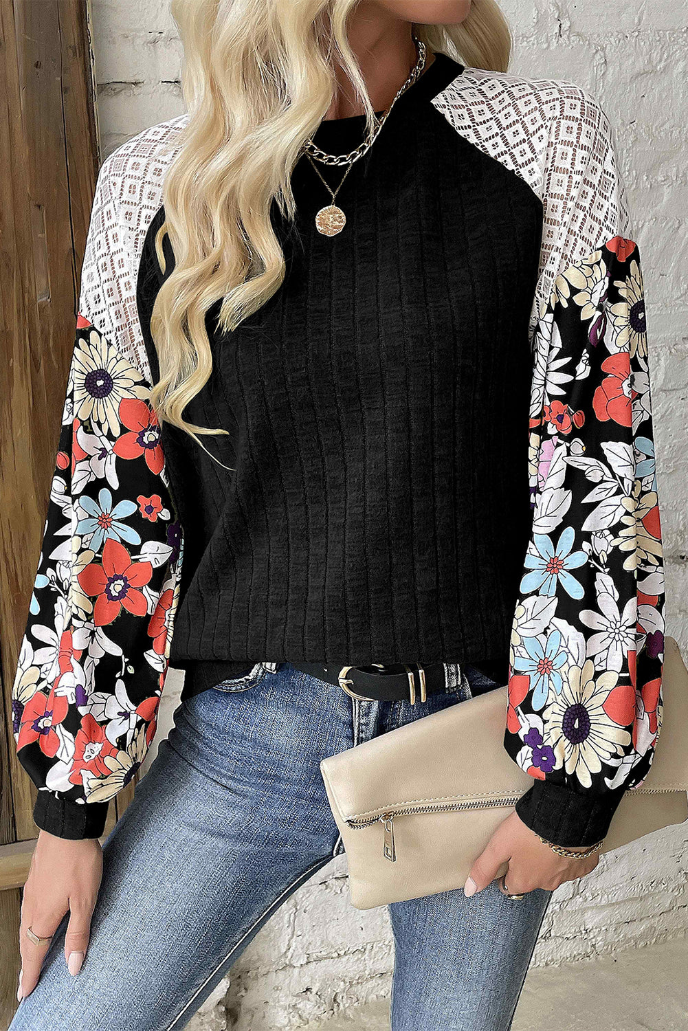 Laurel Green Floral Patchwork Long Sleeve Ribbed Blouse-Tops/Blouses & Shirts-[Adult]-[Female]-Black-S-2022 Online Blue Zone Planet