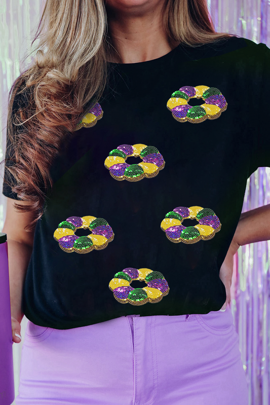 Black Sequined Mardi Gras Pattern Crew Neck Short Sleeve Top-Graphic/Graphic Tees-[Adult]-[Female]-Black-S-2022 Online Blue Zone Planet