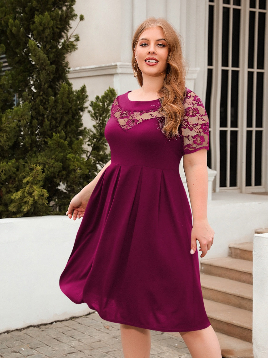 Plus Size Ruched Round Neck Short Sleeve Dress-TOPS / DRESSES-[Adult]-[Female]-2022 Online Blue Zone Planet