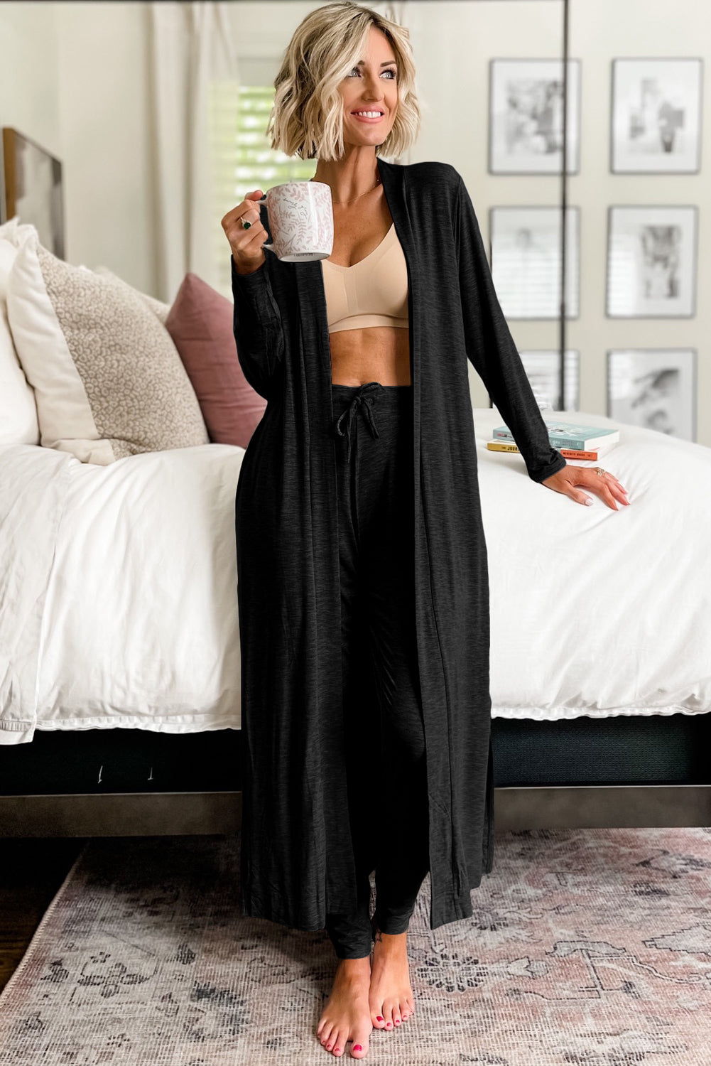 Black Split Long Cardigan and Skinny Pants Lounge Set-Loungewear & Sleepwear/Loungewear-[Adult]-[Female]-2022 Online Blue Zone Planet