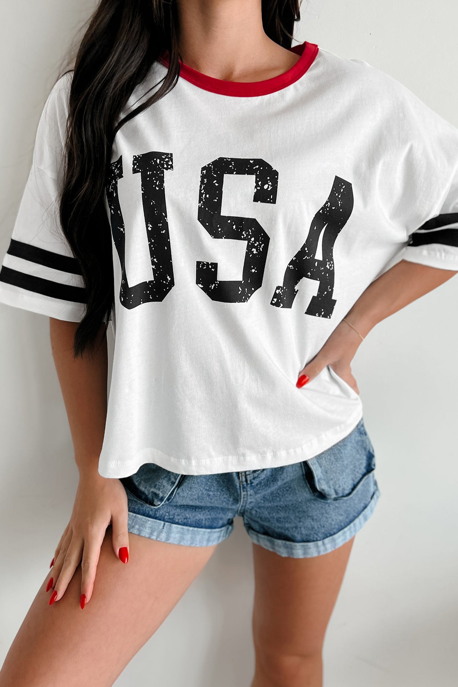 White Usa Letter Printed Varsity Striped Sleeve Round Neck Tee-Tops/Tops & Tees-[Adult]-[Female]-White-S-2022 Online Blue Zone Planet