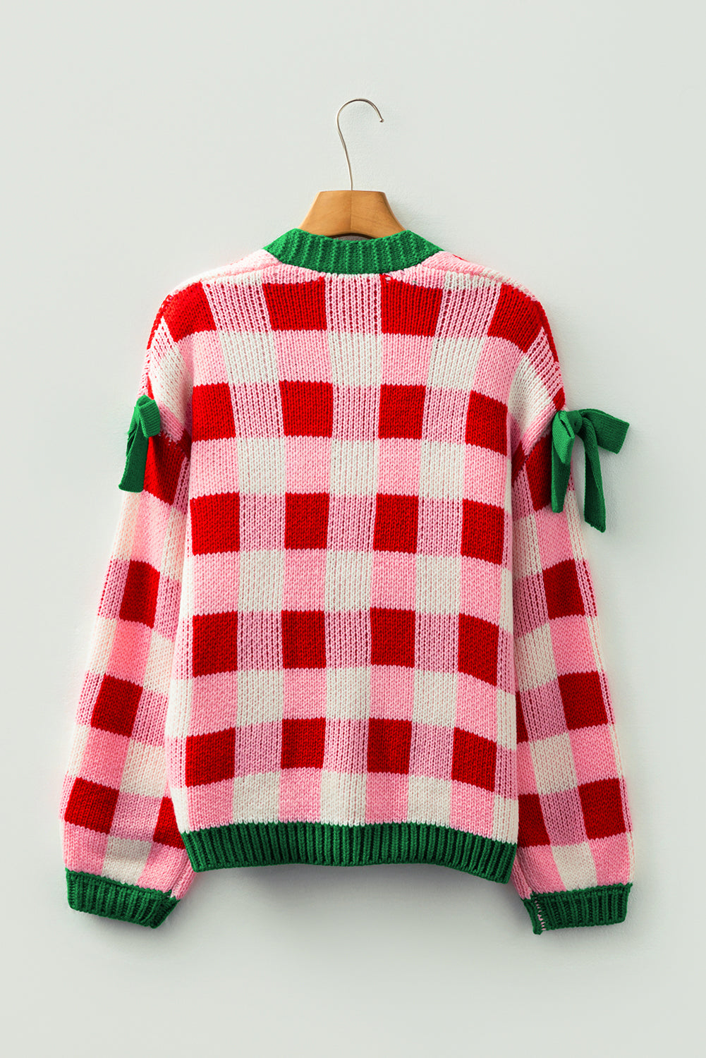 Pink Plaid Knit Bow Knot Decor Open Front Sweater Cardigan-TOPS / DRESSES-[Adult]-[Female]-2022 Online Blue Zone Planet