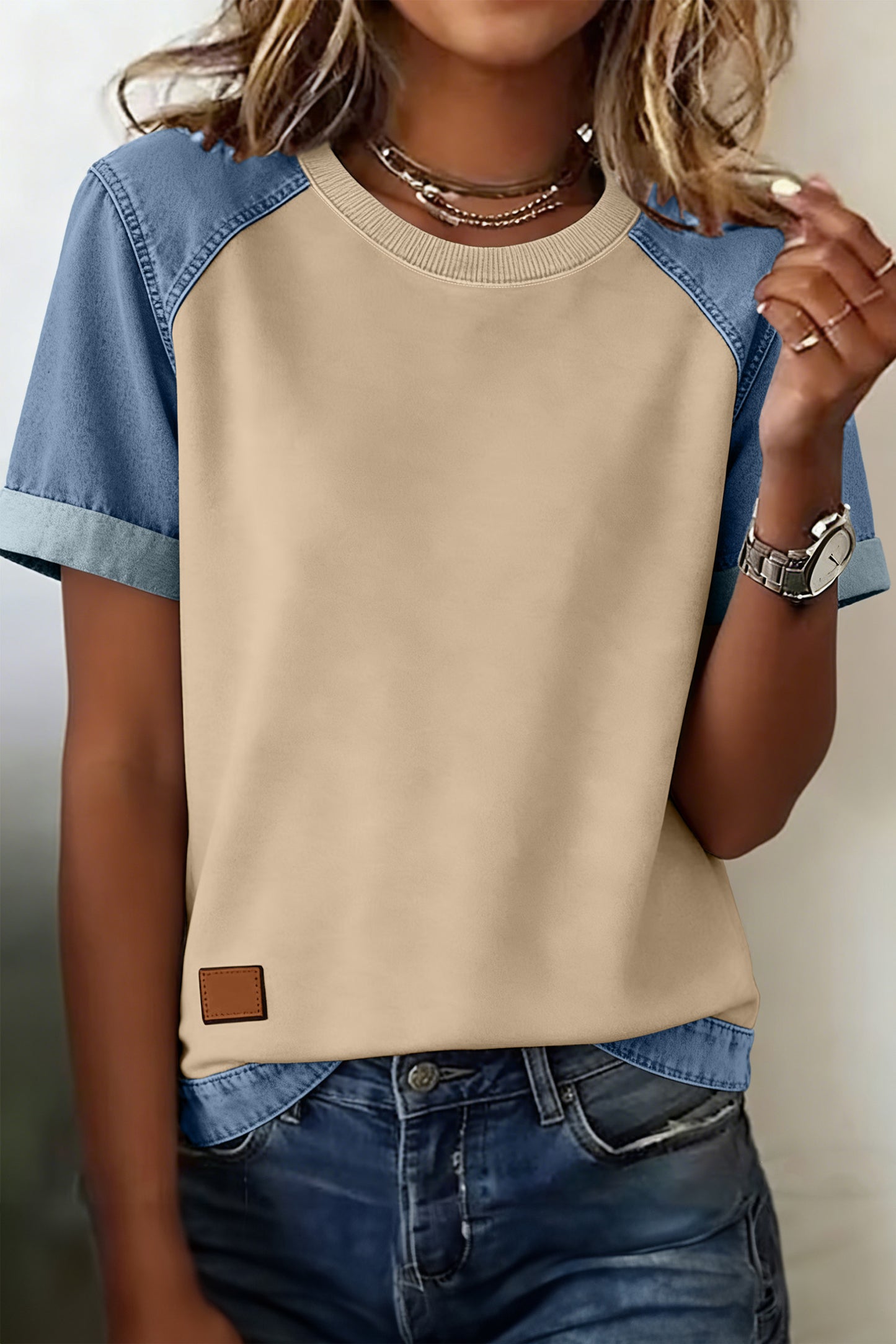 Beige Denim Color Block Patchwork Round Neck Tee-Tops/Tops & Tees-[Adult]-[Female]-2022 Online Blue Zone Planet