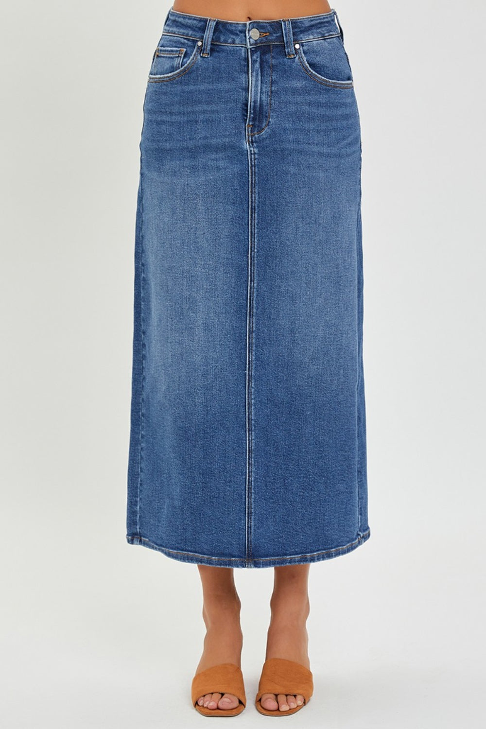 RISEN High Rise Back Slit Denim Skirt-BOTTOMS SIZES SMALL MEDIUM LARGETTOMS-[Adult]-[Female]-2022 Online Blue Zone Planet