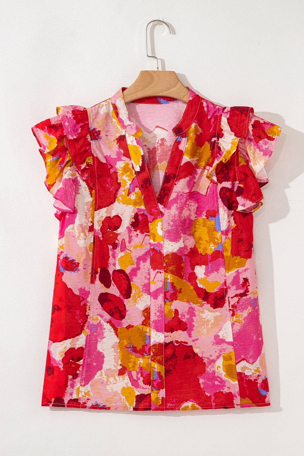 Red Abstract Print Split V Neck Ruffle Short Sleeve Blouse-Tops/Blouses & Shirts-[Adult]-[Female]-2022 Online Blue Zone Planet