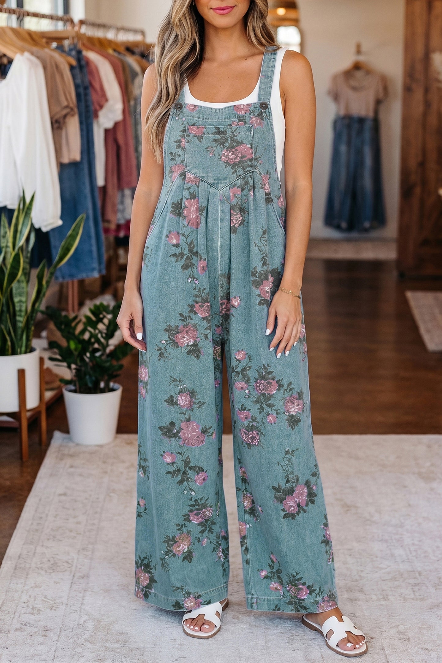 Blue Beau Floral Print Pleated High Waist Wide Leg Denim Jumpsuit-Bottoms/Jumpsuits & Rompers-[Adult]-[Female]-2022 Online Blue Zone Planet