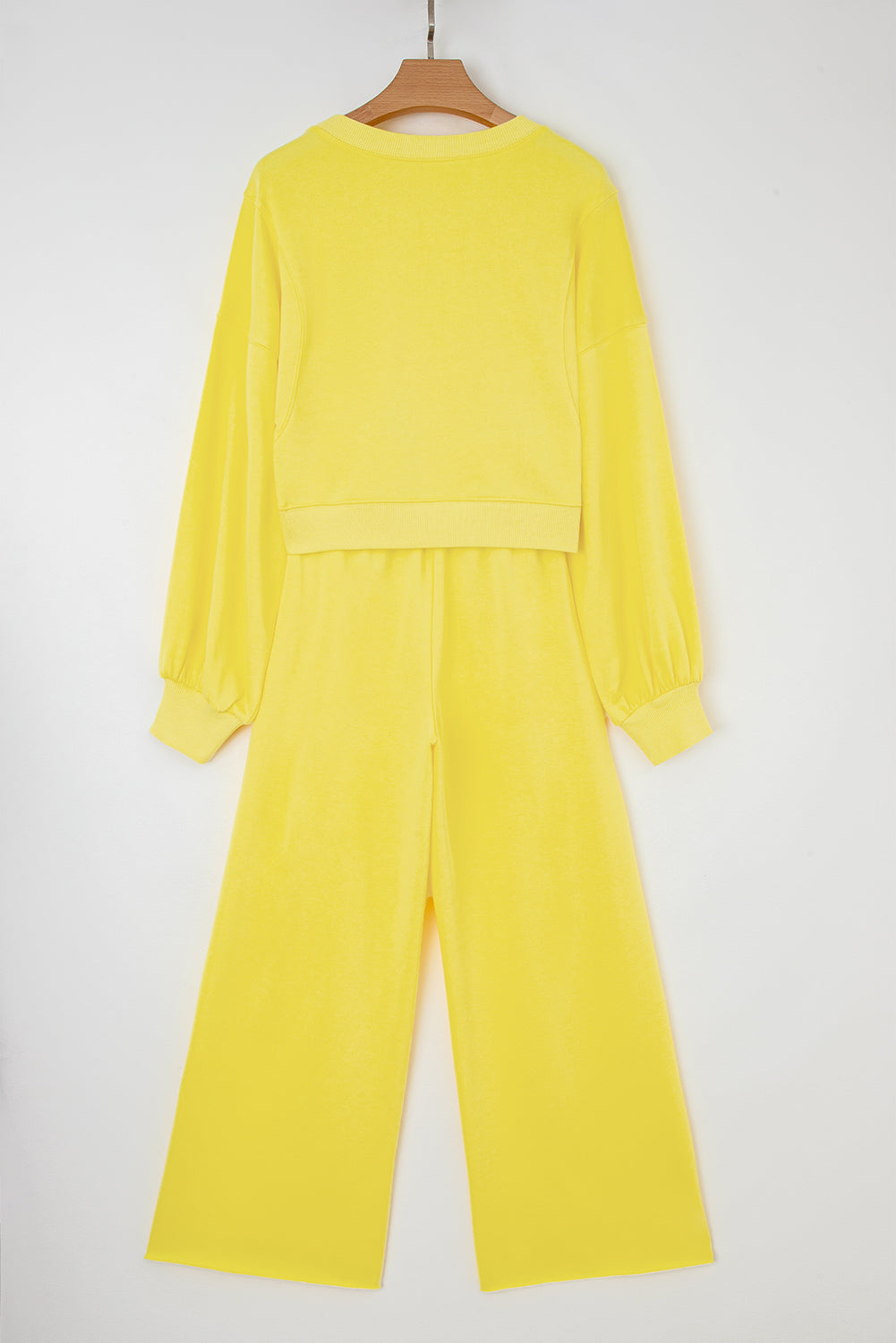 Yellow Cream Drop Shoulder Puff Sleeve Crop Pullover Drawstring Wide Leg Pants Set-Two Piece Sets/Pant Sets-[Adult]-[Female]-2022 Online Blue Zone Planet