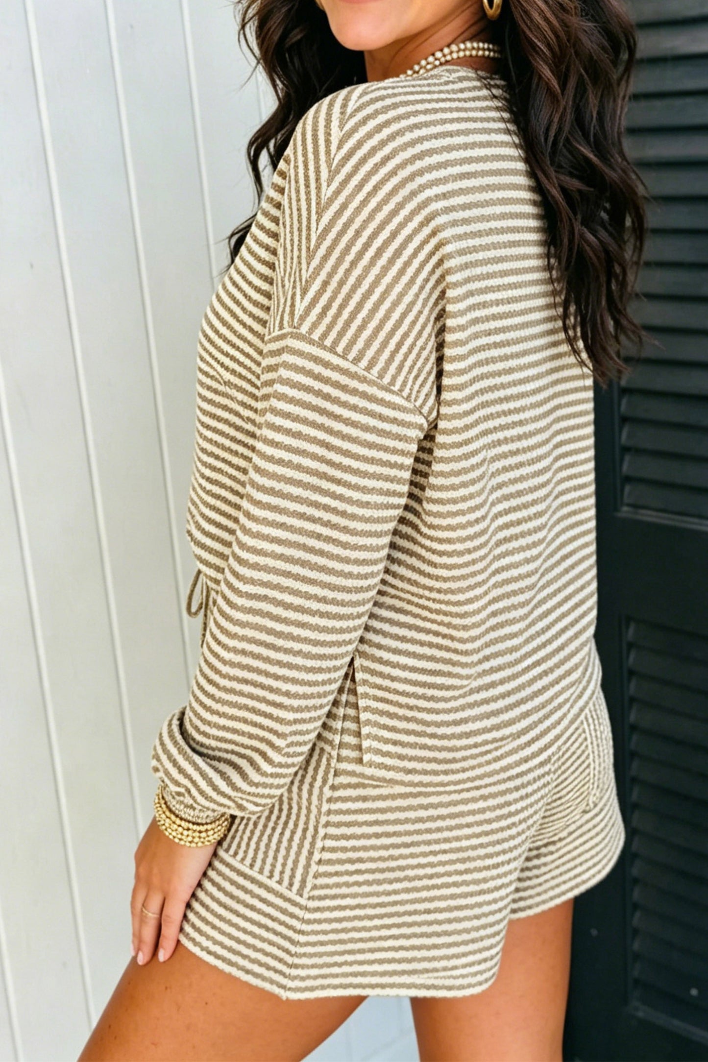 Brown Stripe Textured Knit Long Sleeve Top Elastic Waist Shorts Casual Outfit-Two Piece Sets/Short Sets-[Adult]-[Female]-2022 Online Blue Zone Planet