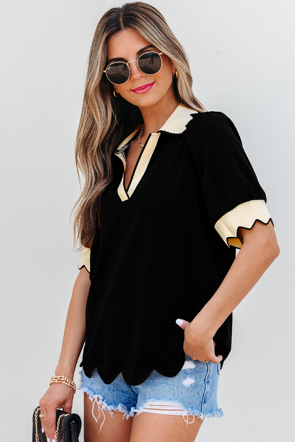 Black Color Contrast Collared V Neck Puff Sleeve Blouse-Tops/Blouses & Shirts-[Adult]-[Female]-2022 Online Blue Zone Planet