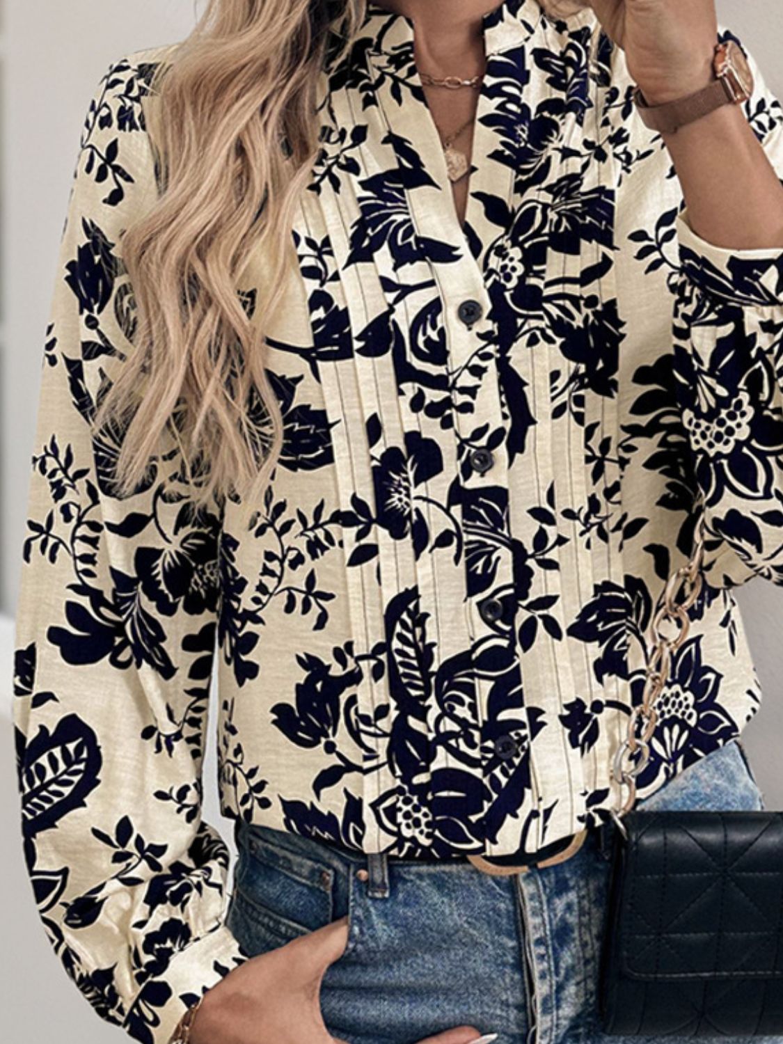 Perfee Printed Notched Long Sleeve Shirt-TOPS / DRESSES-[Adult]-[Female]-2022 Online Blue Zone Planet