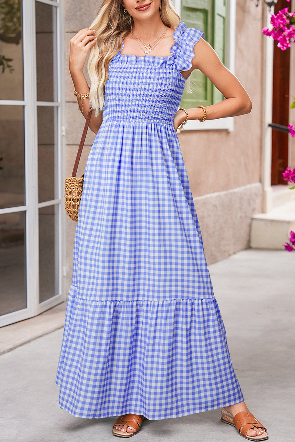 Red Plaid Square Neck Sleeveless Maxi Dress-Maxi Dresses-[Adult]-[Female]-Sky Blue-L-2022 Online Blue Zone Planet