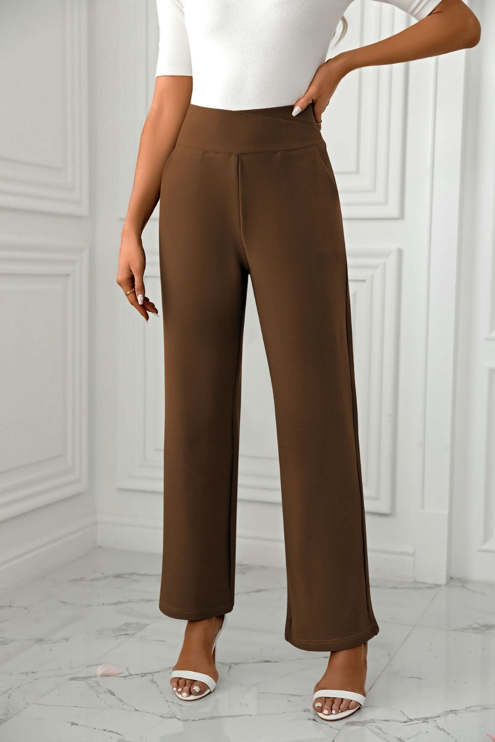 High Waist Straight Leg Pants-BOTTOMS SIZES SMALL MEDIUM LARGE-[Adult]-[Female]-Brown-S-2022 Online Blue Zone Planet