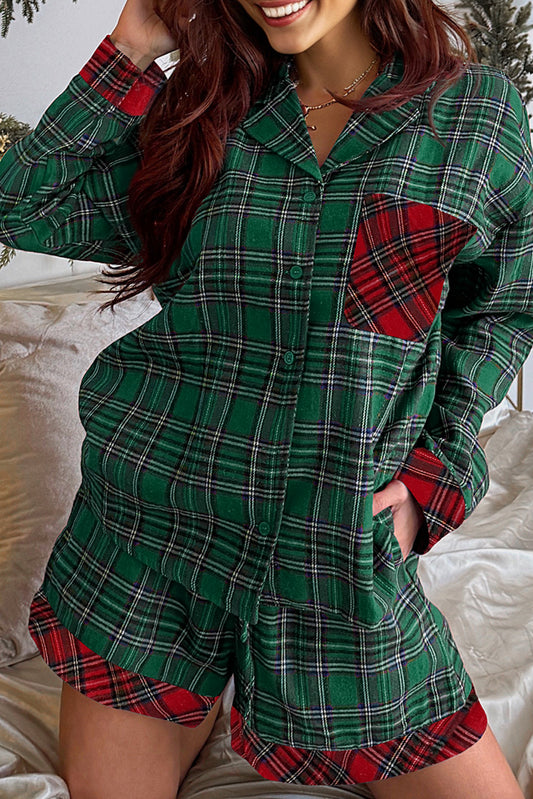 Green Plaid Christmas Holiday Patchwork Long Sleeve Shirt and Shorts Pajama Set-Loungewear Set-[Adult]-[Female]-Green-L-2022 Online Blue Zone Planet