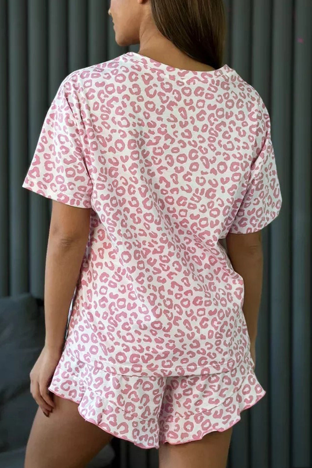 Pink Leopard Print Crew Neck Tee and Ruffled Shorts 2 Lounge Set-Loungewear & Sleepwear/Loungewear-[Adult]-[Female]-2022 Online Blue Zone Planet