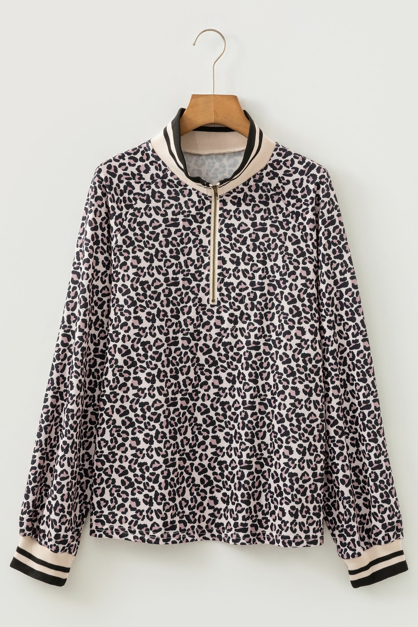 Khaki Leopard Print Half Zip Up Blouse-Tops/Blouses & Shirts-[Adult]-[Female]-2022 Online Blue Zone Planet
