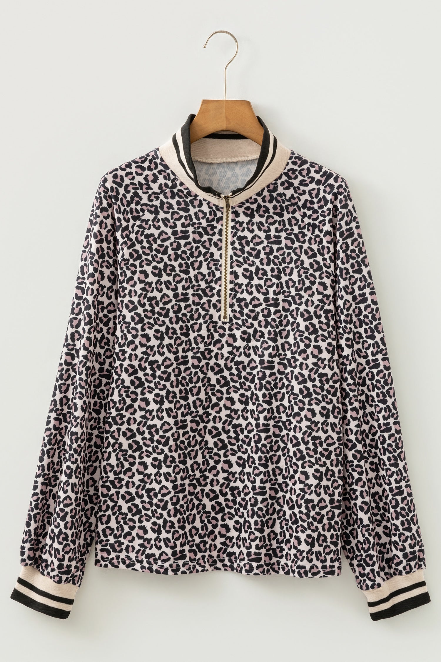 Khaki Leopard Print Half Zip Up Blouse-Tops/Blouses & Shirts-[Adult]-[Female]-2022 Online Blue Zone Planet