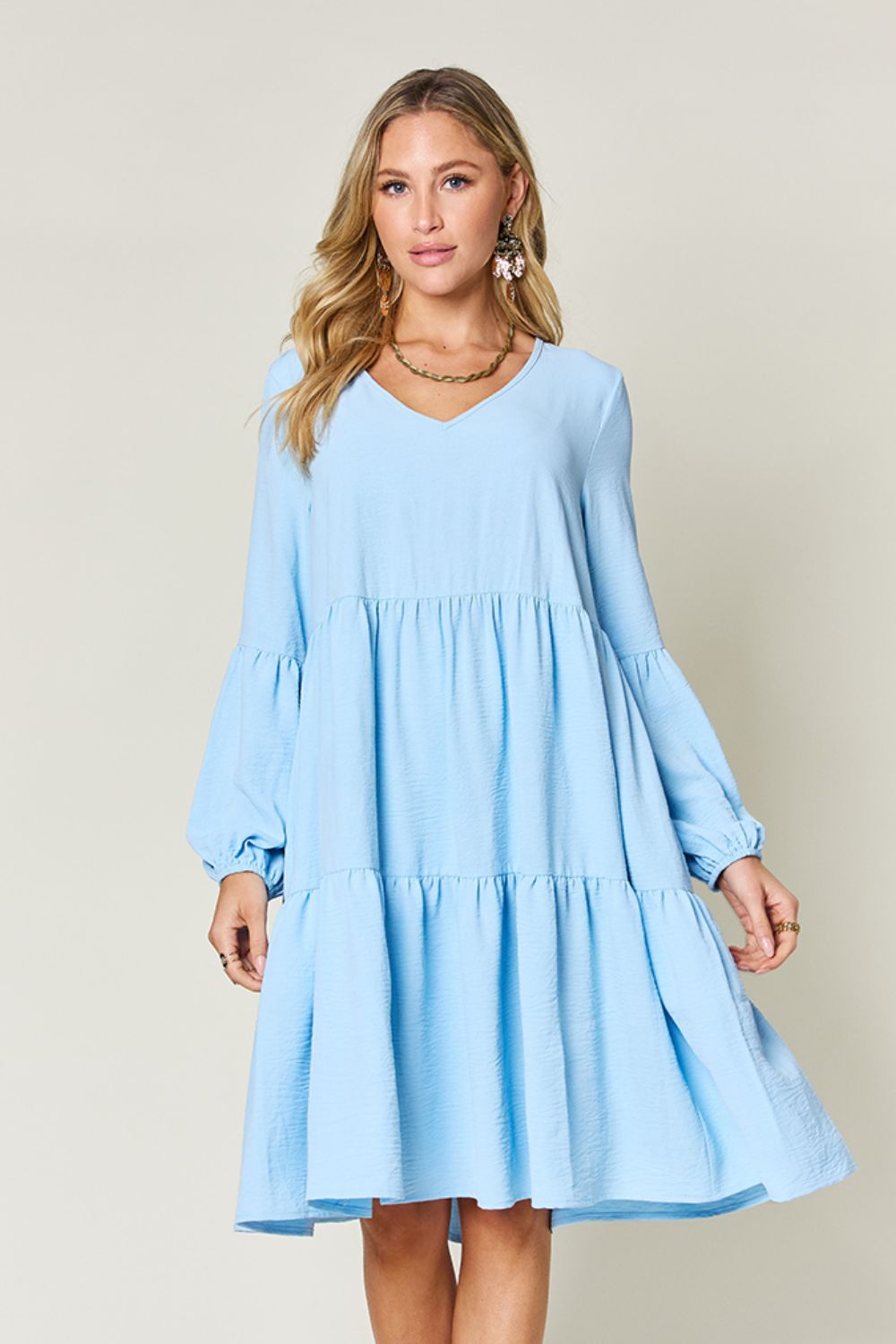 Blue Zone Planet | Double Take Full Size V-Neck Balloon Sleeve Tiered Dress-TOPS / DRESSES-[Adult]-[Female]-Light Blue-S-2022 Online Blue Zone Planet