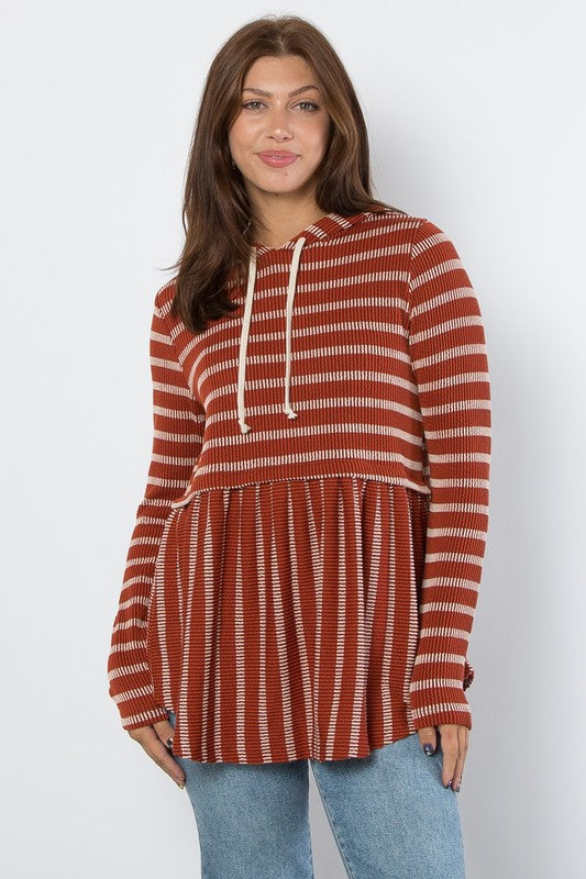 Be Stage Full Size Drawstring Striped Babydoll Hoodie-TOPS / DRESSES-[Adult]-[Female]-Rust-S-2022 Online Blue Zone Planet