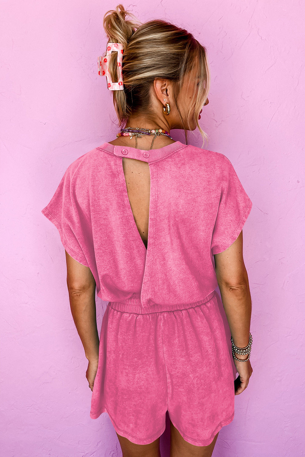 Bonbon Mineral Wash Drawstring Waist Hollow Out Back Short Sleeve Romper-Bottoms/Jumpsuits & Rompers-[Adult]-[Female]-2022 Online Blue Zone Planet