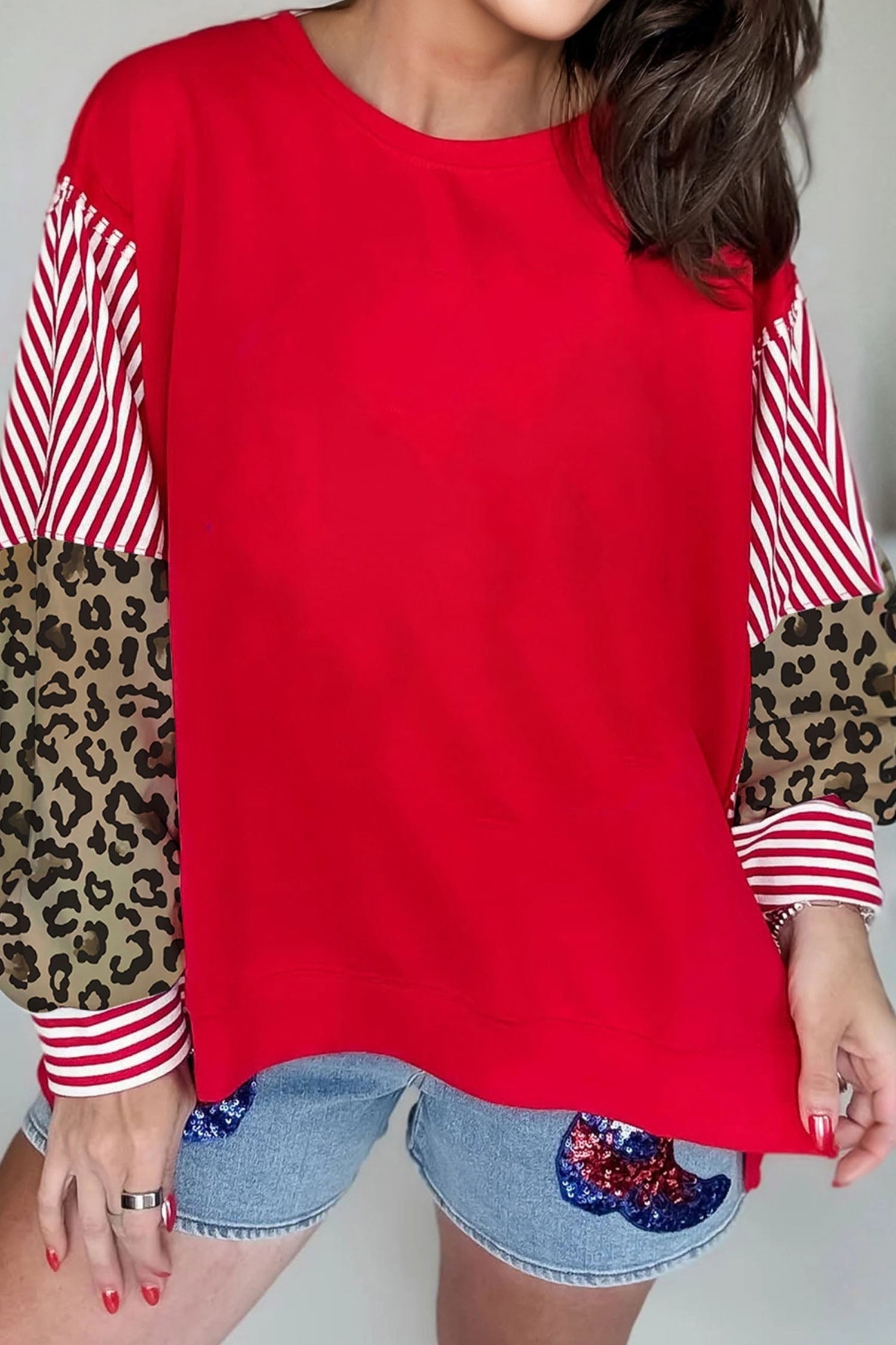 Racing Red Striped Patchwork Sleeve Colorblock Sweatshirt-Tops/Sweatshirts & Hoodies-[Adult]-[Female]-Racing Red-S-2022 Online Blue Zone Planet