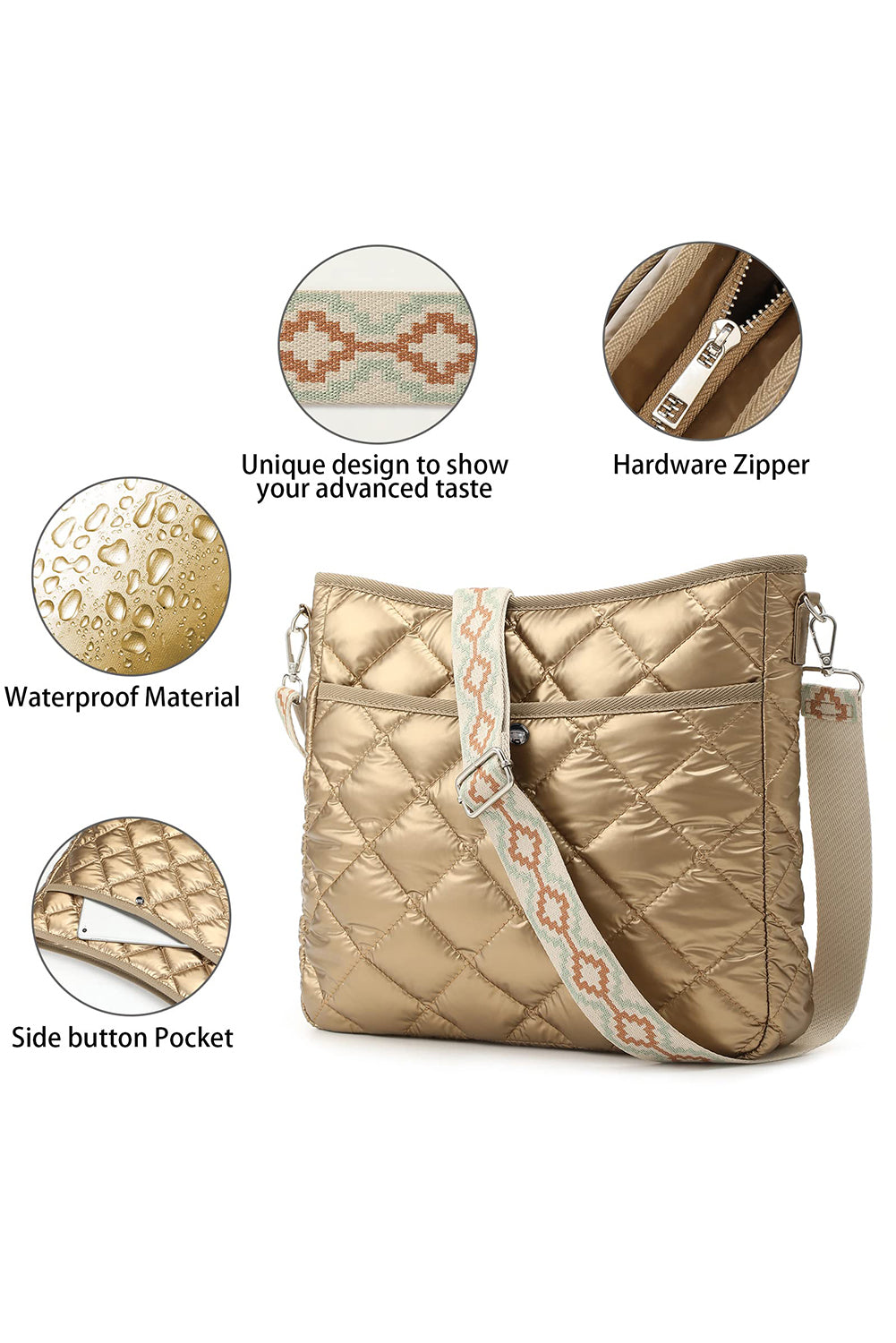 Gold Quilted Large Capacity Shoulder Bag-Shoulder Bag-[Adult]-[Female]-Gold-ONE SIZE-2022 Online Blue Zone Planet