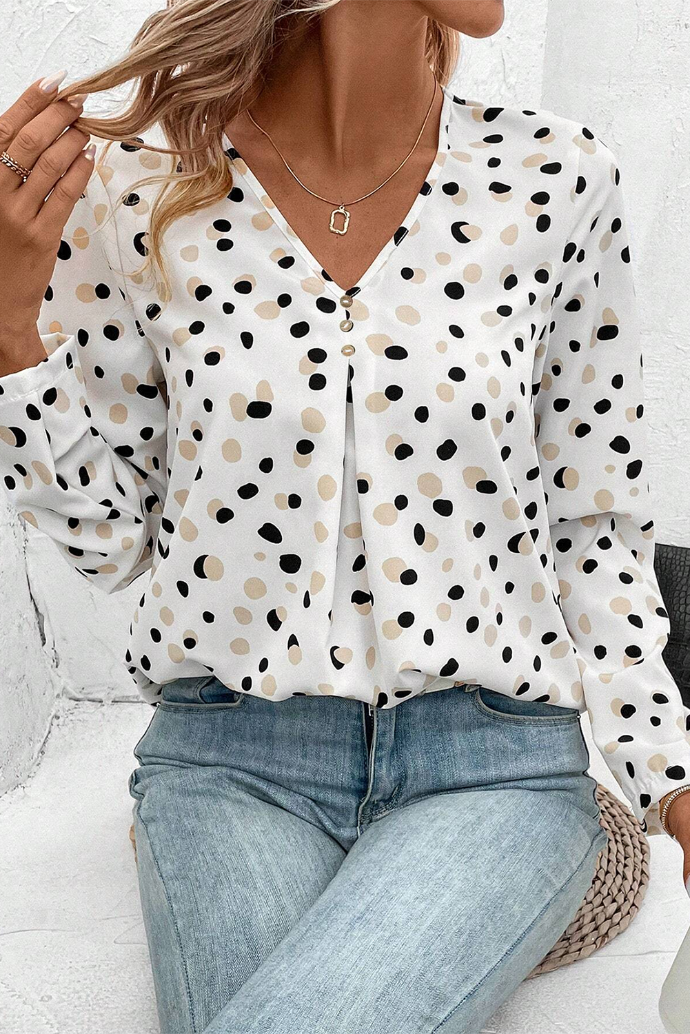 White Polka Dot Print Button Front V Neck Blouse-Tops/Blouses & Shirts-[Adult]-[Female]-White-S-2022 Online Blue Zone Planet