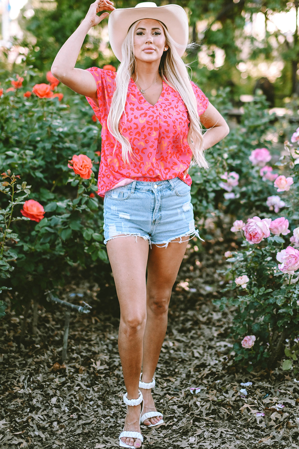 Pink Leopard V Neck Short Sleeve Blouse-Tops/Blouses & Shirts-[Adult]-[Female]-2022 Online Blue Zone Planet