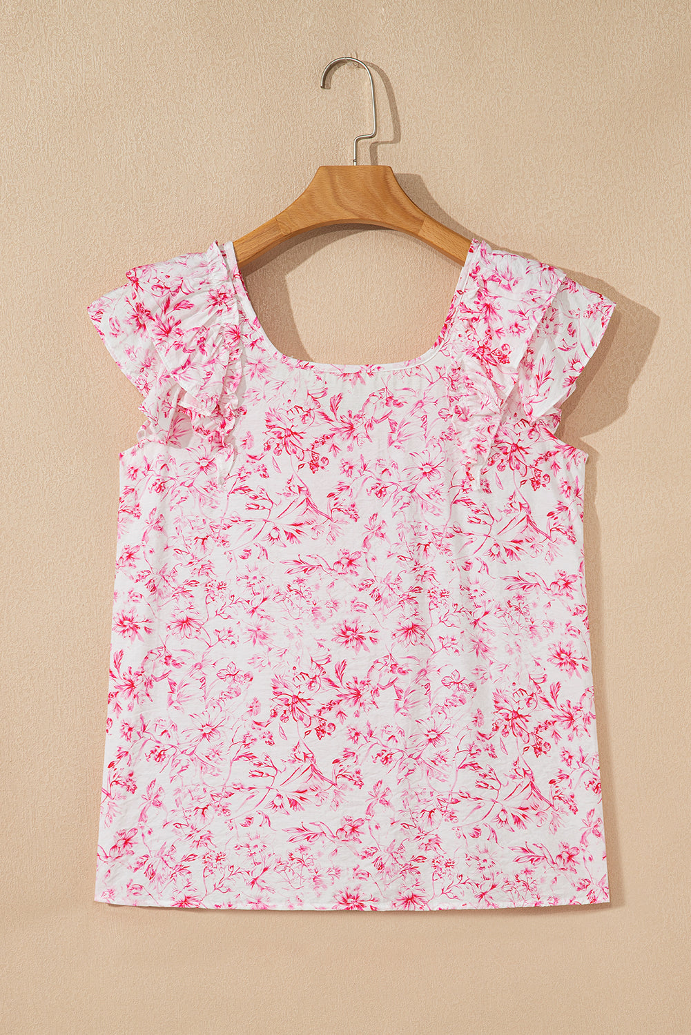 Pink Floral Ruffled Short Sleeve Bow Back Square Neck Blouse-Tops/Blouses & Shirts-[Adult]-[Female]-2022 Online Blue Zone Planet