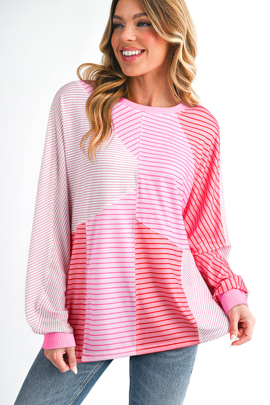 Sachet Pink Striped Colorblock Exposed Seam Casual Long Sleeve Top-Tops/Long Sleeve Tops-[Adult]-[Female]-2022 Online Blue Zone Planet