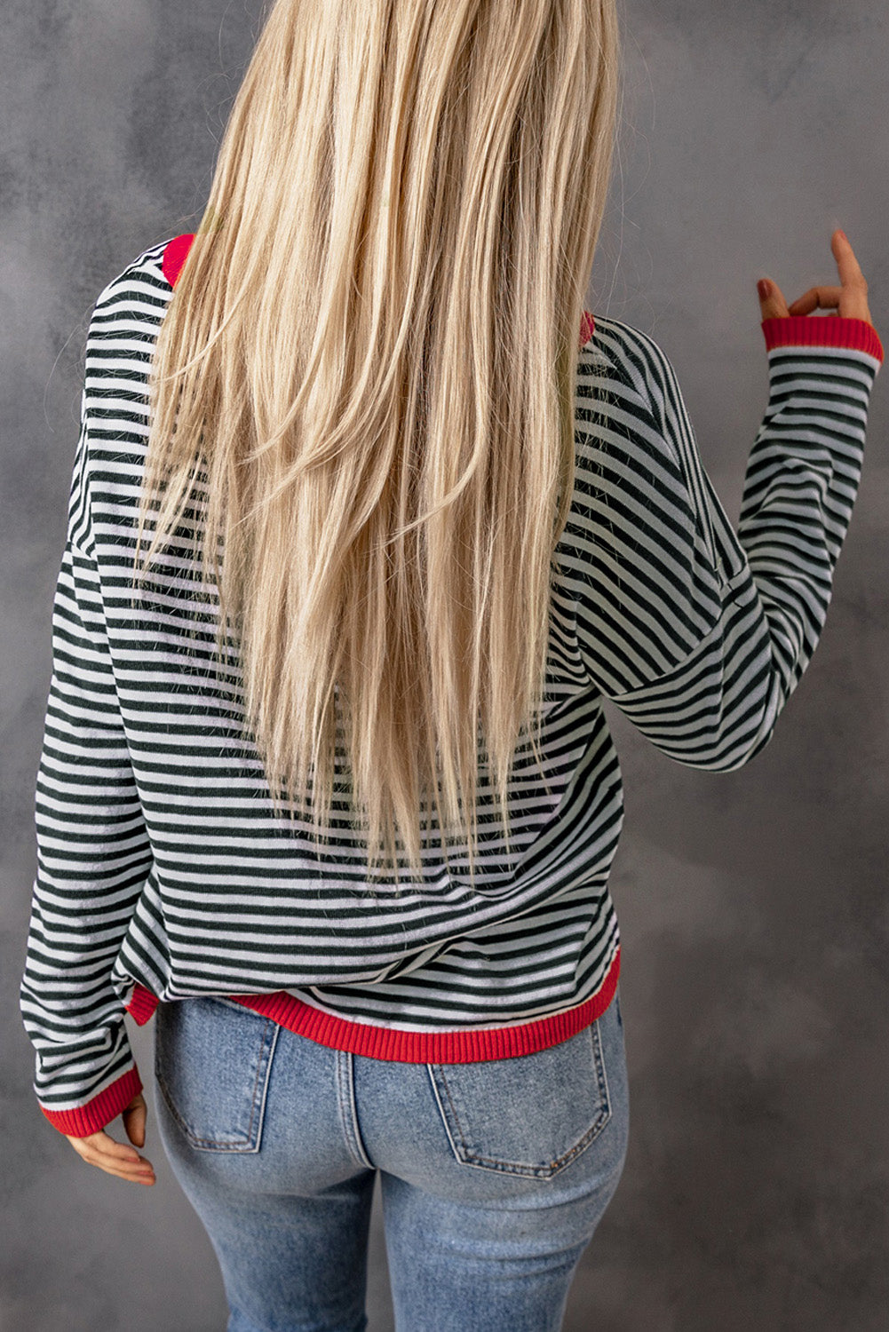 Fiery Red Contrast Trimmed Striped Drop Shoulder Sweater-Sweaters & Cardigans/Sweaters-[Adult]-[Female]-2022 Online Blue Zone Planet