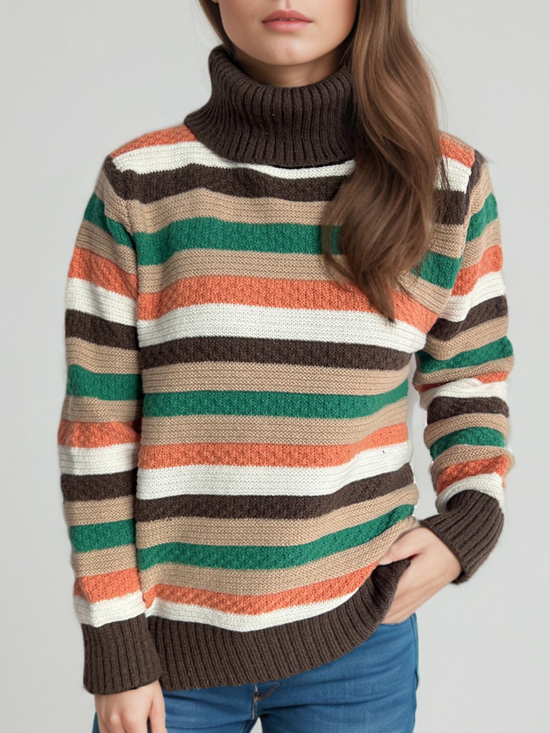 Blue Zone Planet | Contrast Stripes Turtleneck Long Sleeve Sweater-TOPS / DRESSES-[Adult]-[Female]-2022 Online Blue Zone Planet