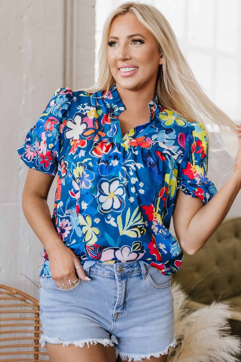 Blue Flower Print Collared V Neck Puff Short Sleeve Loose Blouse-Tops/Blouses & Shirts-[Adult]-[Female]-Blue-S-2022 Online Blue Zone Planet